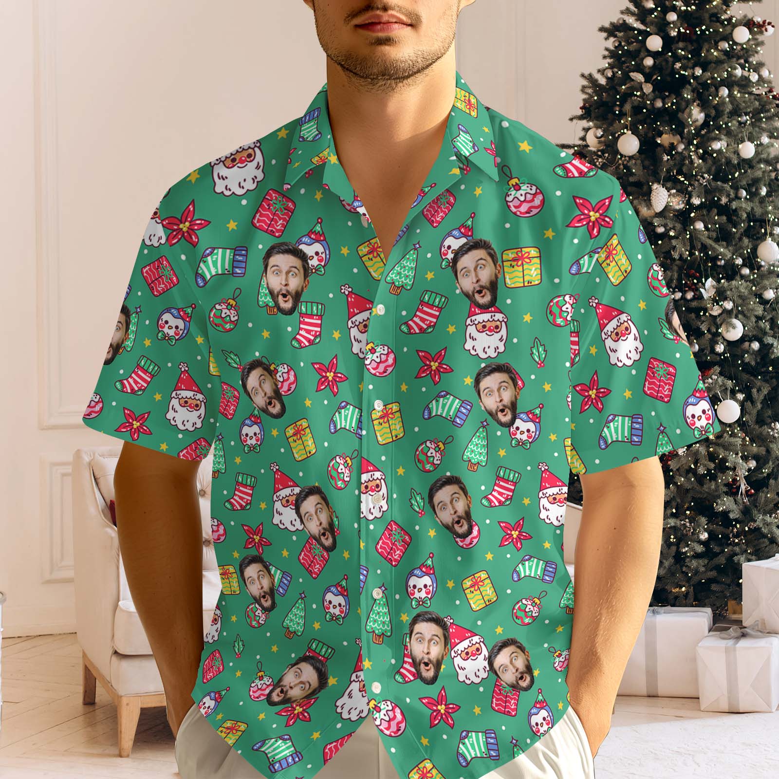 Personalized Face Men's Hawaiian Shirt Personalized Santa Beach Holiday Christmas Face Hawaiian Shirt