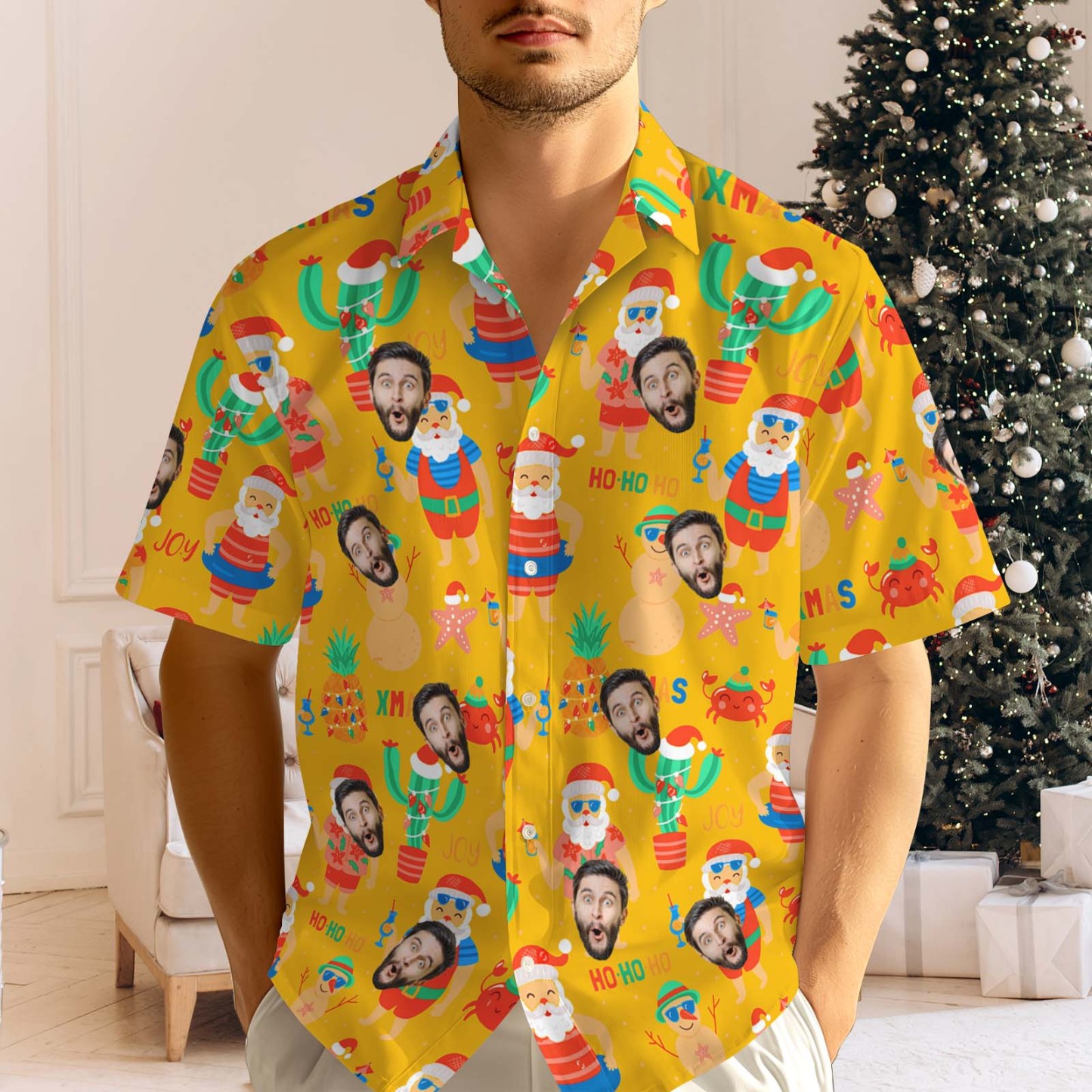 Personalized Face Men's Hawaiian Shirt Personalized Santa Beach Holiday Christmas Hawaiian Shirt - myfacesockseu