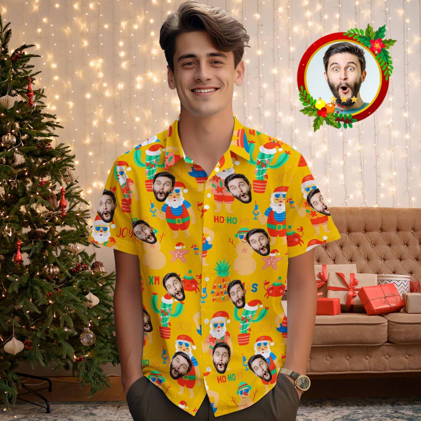 Personalized Face Men's Hawaiian Shirt Personalized Santa Beach Holiday Christmas Hawaiian Shirt - myfacesockseu