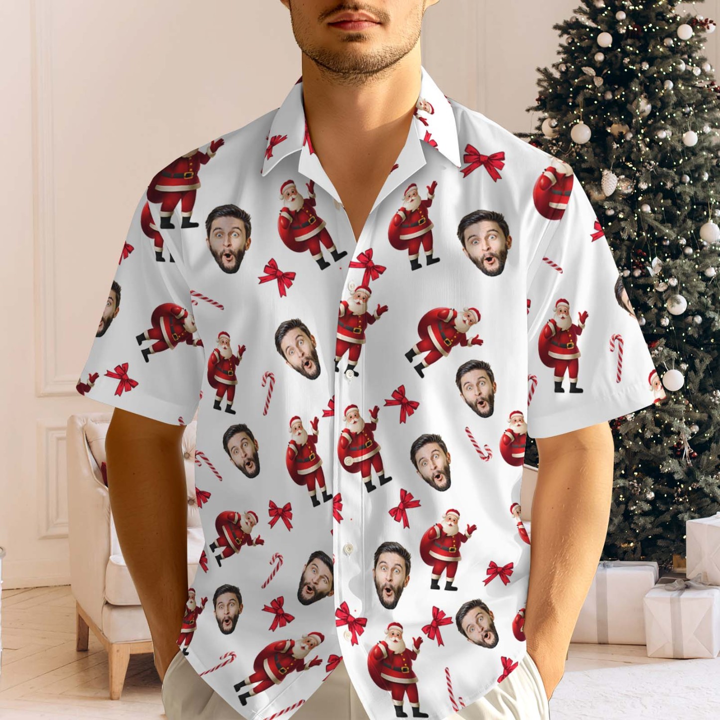Personalized Face Men's Hawaiian Shirt Personalized Santa Beach Holiday Christmas Hawaiian Shirt - myfacesockseu