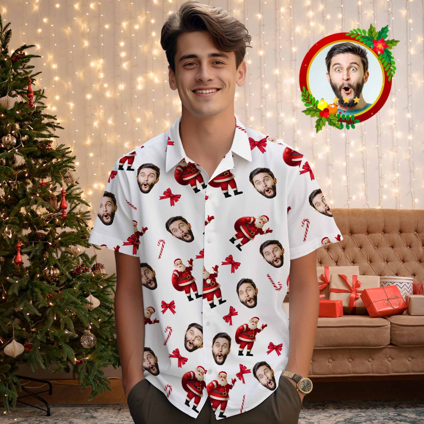 Personalized Face Men's Hawaiian Shirt Personalized Santa Beach Holiday Christmas Hawaiian Shirt - myfacesockseu