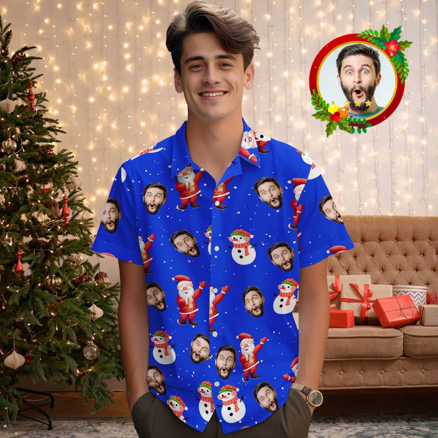 Personalized Face Men's Hawaiian Shirt Personalized Santa Beach Holiday Christmas Hawaiian Shirt - myfacesockseu