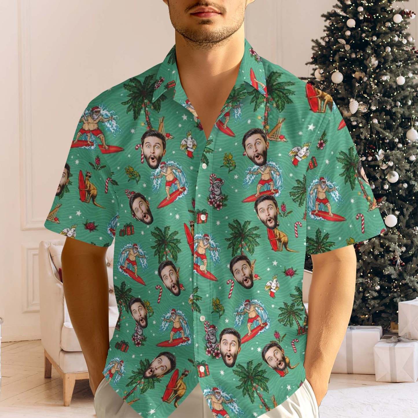 Personalized Face Men's Hawaiian Shirt Personalized Santa Beach Holiday Christmas Hawaiian Shirt - myfacesockseu