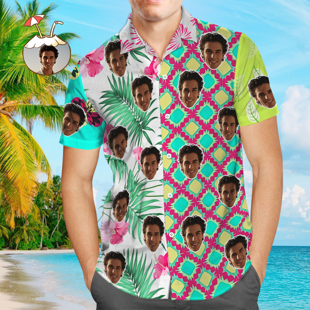 Custom Face Hawaiian Shirt Colorful Hawaiian Shirt Patchwork Pattern Style Shirt - myfacesockseu