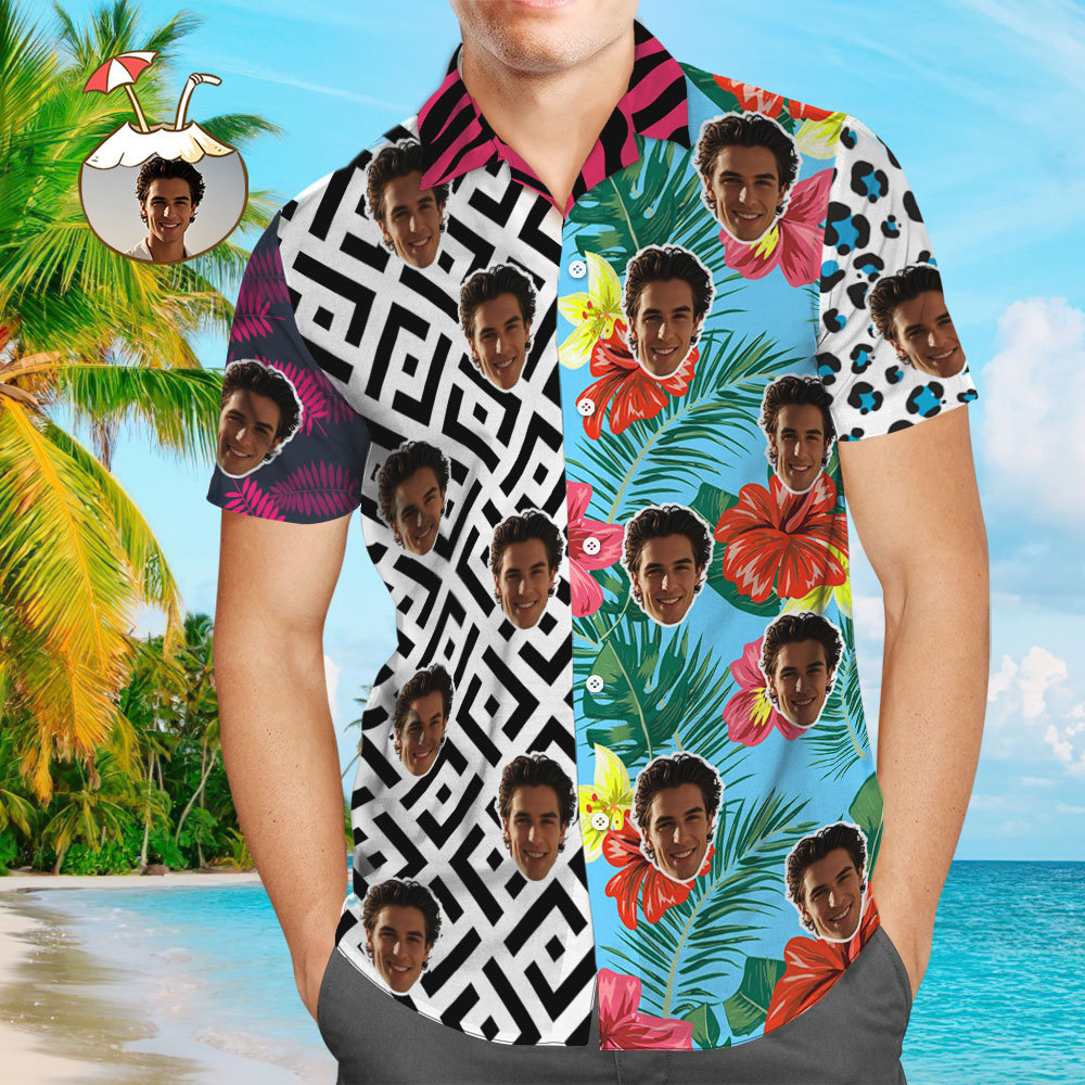 Custom Face Hawaiian Shirt Colorful Hawaiian Shirt Patchwork Pattern Style Shirt - myfacesockseu