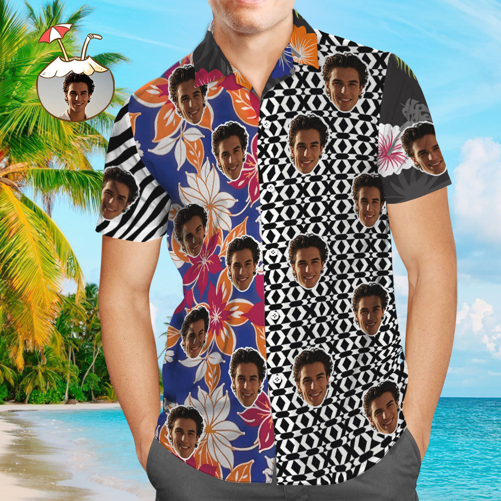 Custom Face Hawaiian Shirt Colorful Hawaiian Shirt Patchwork Pattern Style Shirt - myfacesockseu