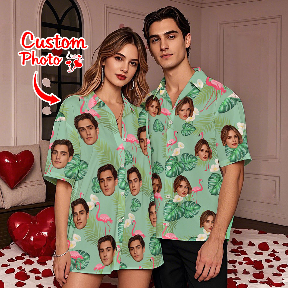 Personalized Flamingo Face Hawaiian Shirt  Face Couple Shirt Valentine Gift For Couple