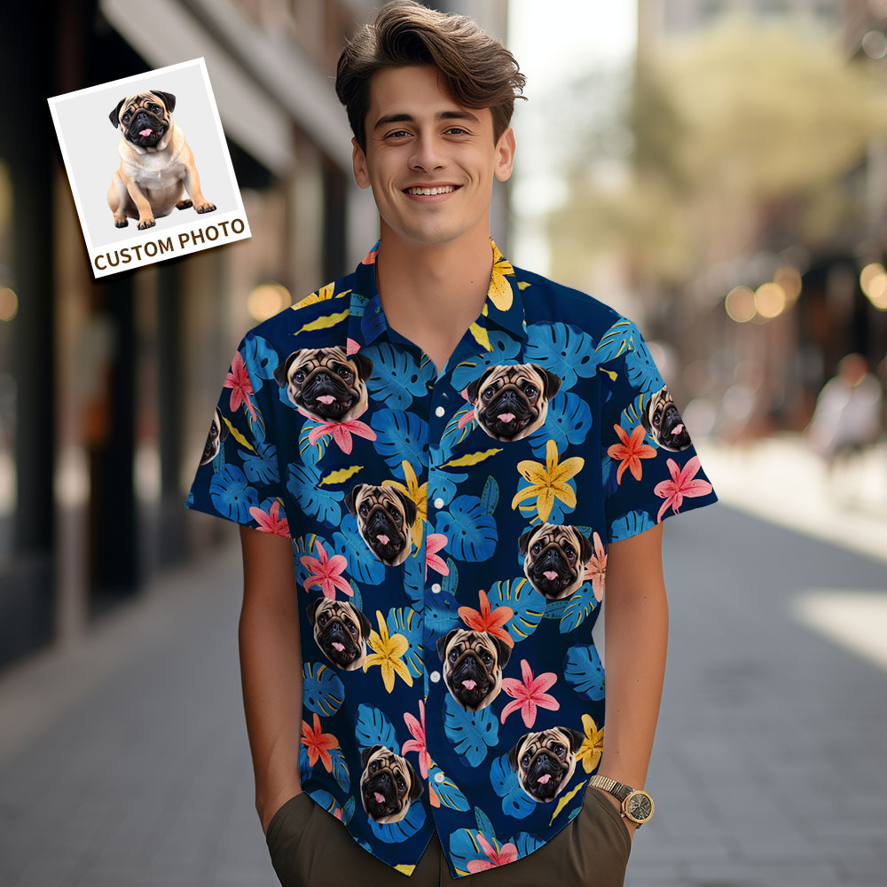 Custom Men Hawaiian Shirts Pet Face Colorful Flower Hawaiian Shirt Gift for Pet Lover - myfacesockseu