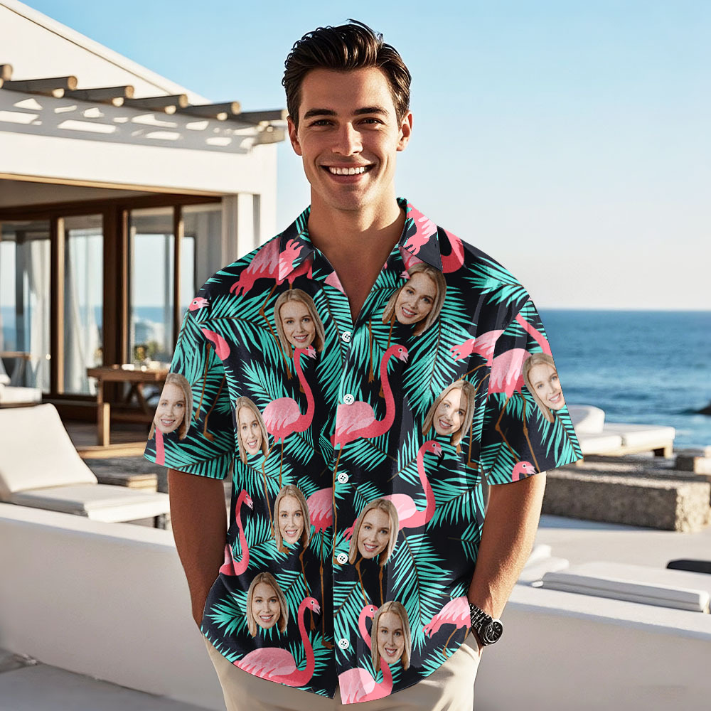 Personalized Hawaiian Shirt Flamingo Photo Vacation Tropical Pattern Shirt Summer Gifts - myfacesockseu