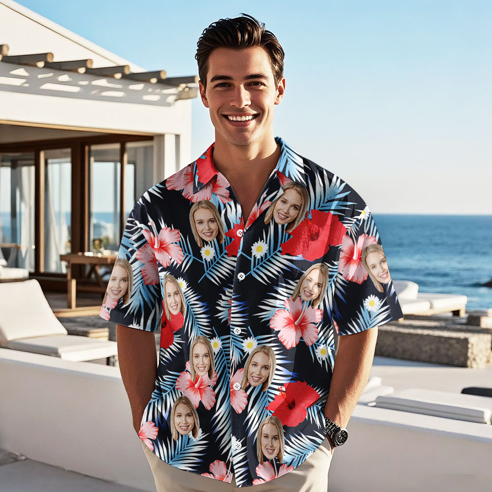 Personalized Hawaiian Shirt Flamingo Photo Vacation Tropical Pattern Shirt Summer Gifts - myfacesockseu