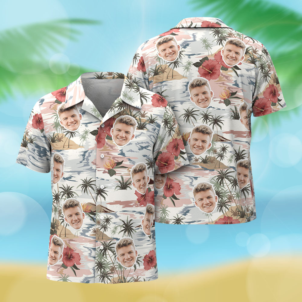 Custom Face Hawaiian Shirt Tropical Red Flower White Vintage Hawaiian Shirt Men Summer Face Gift Idea - myfacesockseu