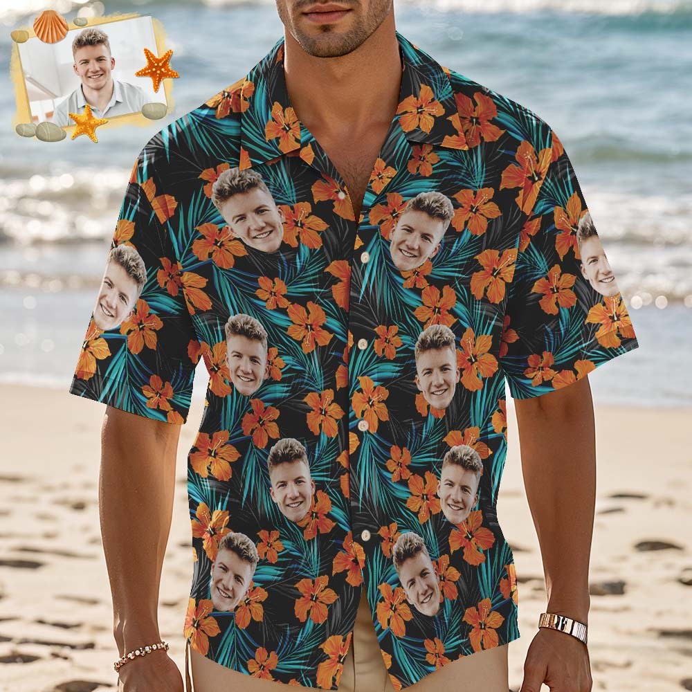 Custom Face Hawaiian Shirt Orange Flower Hawaiian Personalized Blue Leaves Hawaiian Shirt - myfacesockseu