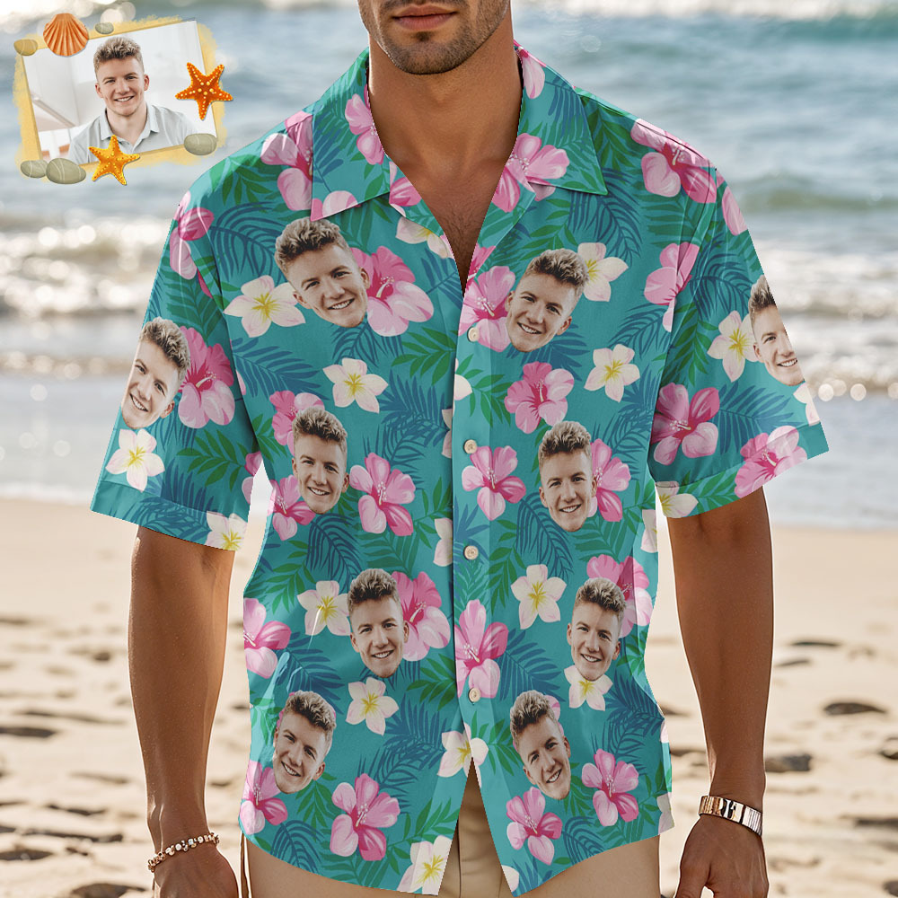 Custom Men Pink Flower Hawaiian Laves And Flowers Hawaiian Shirts Face Shirt Hawaii Pattern Shirt Gift for Summer Vibe Holiday - myfacesockseu