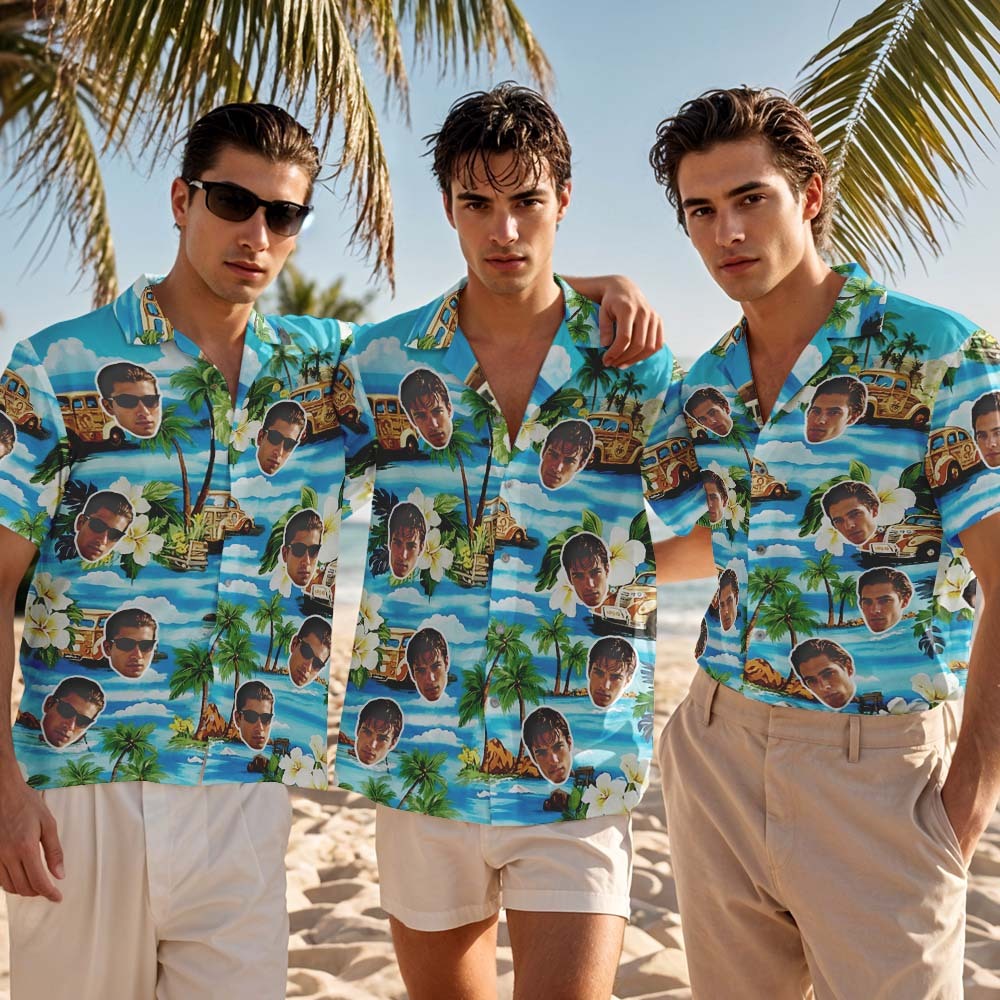 Personalized Women Light Blue Beach Leaves Face Hawaiian Shirt Face Couple Shirt Vacation Gift For Coupl - myfacesockseu