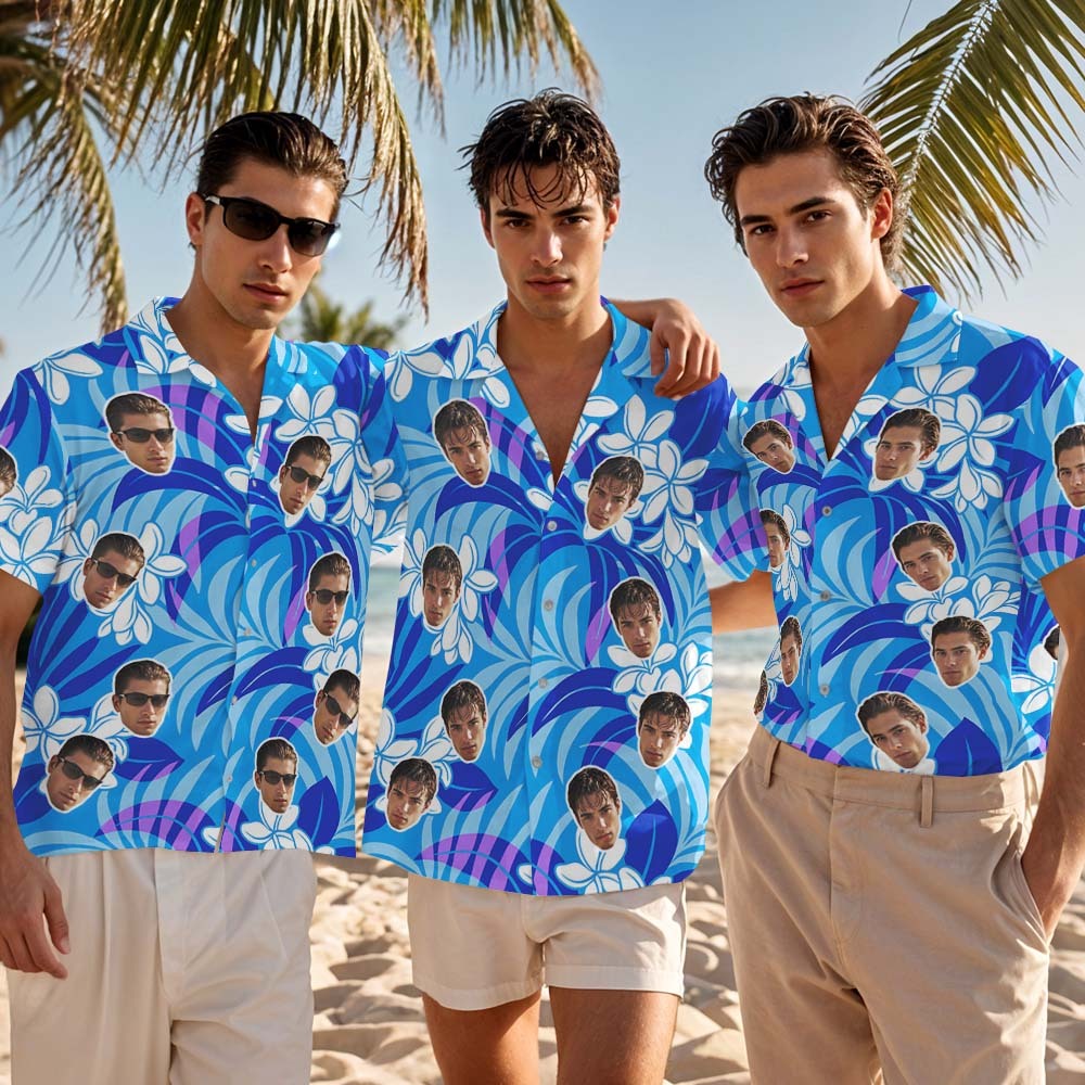 Custom Face Hawaiian Shirt Personalized Blue Flower Hawaiian Shirt Tropical Holiday Gifts - myfacesockseu