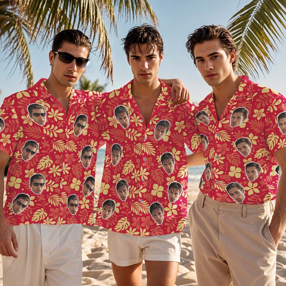 Custom Face Hawaiian Shirt Personalized Red Flower Hawaiian Shirt Tropical Holiday Gifts - myfacesockseu