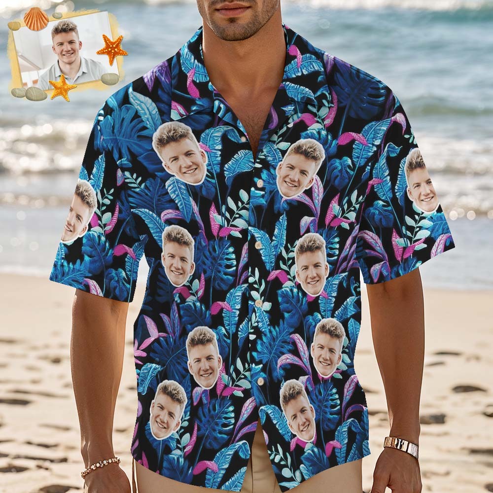 Custom Photo Green Hawaiian Shirt with Palm Leaves Pink Flower Hawaiian Shirt Personalized Tropical Gift - myfacesockseu