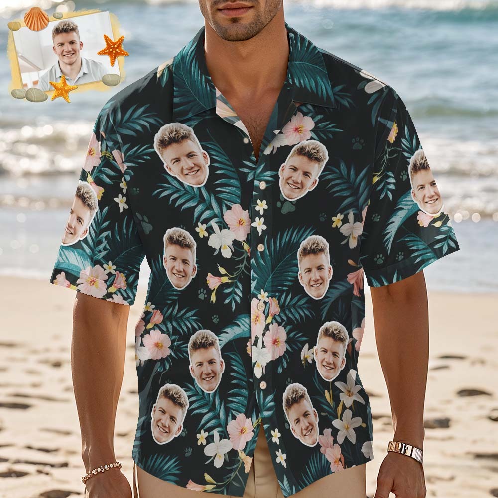 Custom Photo Green Hawaiian Shirt with Palm Leaves Pink Flower Hawaiian Shirt Personalized Tropical Gift - myfacesockseu