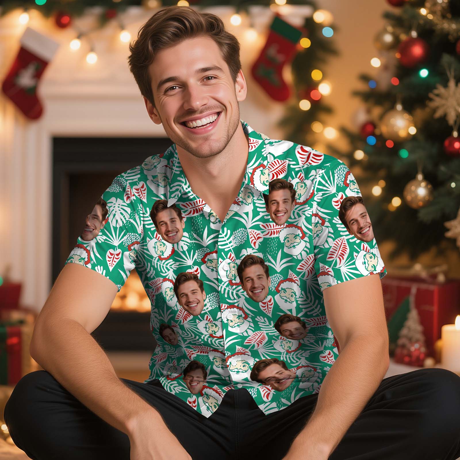 Custom Face Christmas Shirt Green Santa Claus Christmas Hawaiian Shirt Xmas Gift for Family Friends Personalized Face Hawaiian Shirt Gift