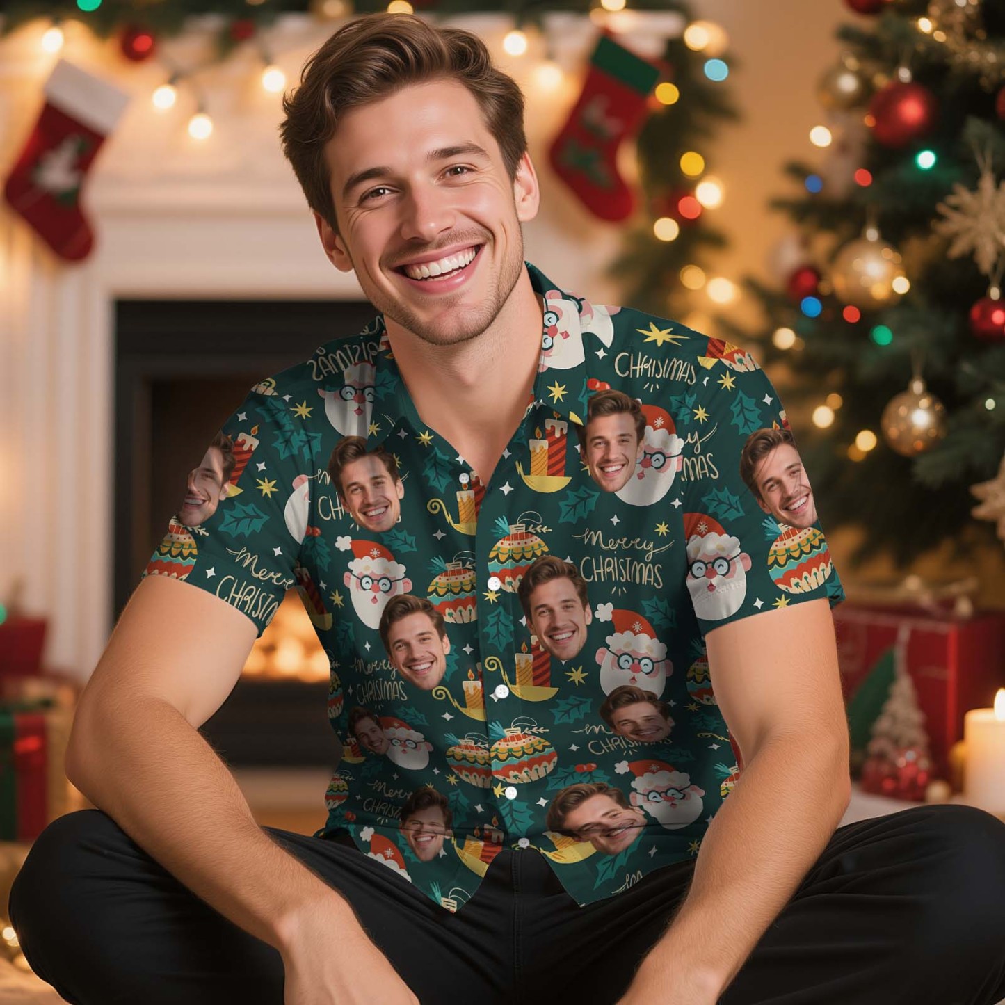 Custom Face Christmas Shirt Green Christmas Ball Hawaiian Shirt Xmas Gift for Family Friends Personalized Face Hawaiian Shirt Gift - myfacesockseu