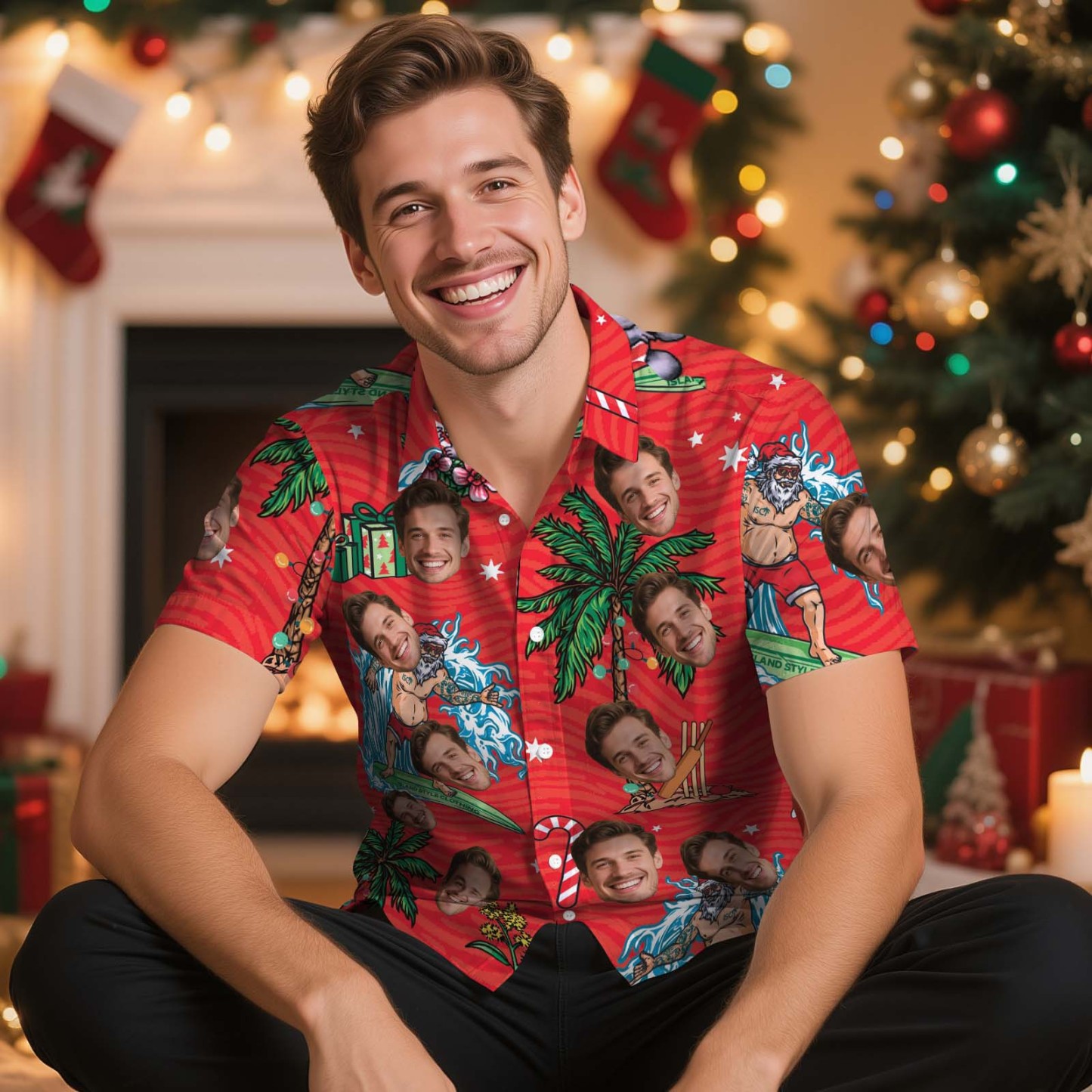 Custom Face Blue Flamingo Christmas Hawaiian Shirt Personalized Men Hawaiian Shirt With Face Photo Hawaiian Shirt Aloha Shirt Christmas Gift - myfacesockseu