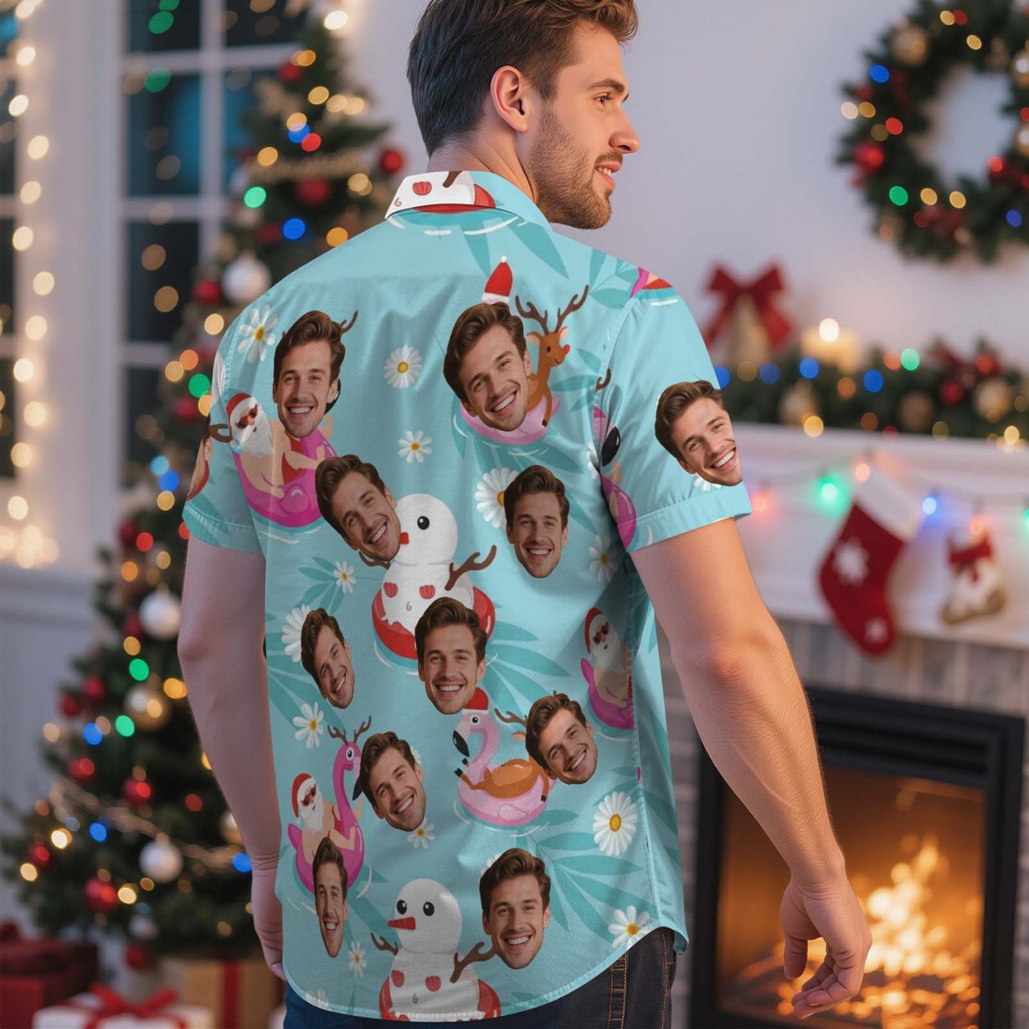 Custom Face Blue Flamingo Christmas Hawaiian Shirt Personalized Men Hawaiian Shirt With Face Photo Hawaiian Shirt Aloha Shirt Christmas Gift - myfacesockseu