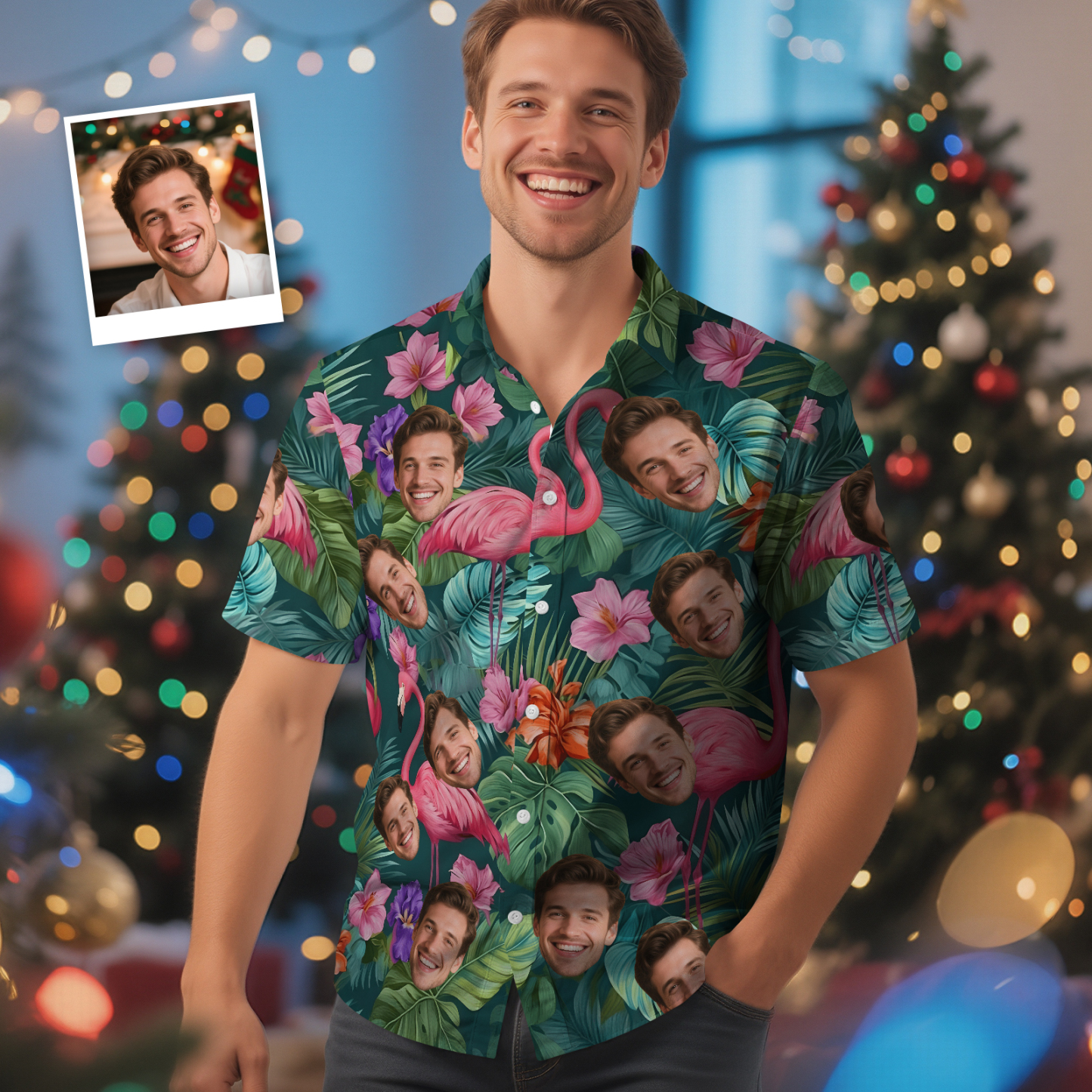 Custom Face Green Tree Hawaiian Shirt Personalized Men Hawaiian Shirt With Face Photo Hawaiian Shirt Aloha Shirt Christmas Gift - myfacesockseu