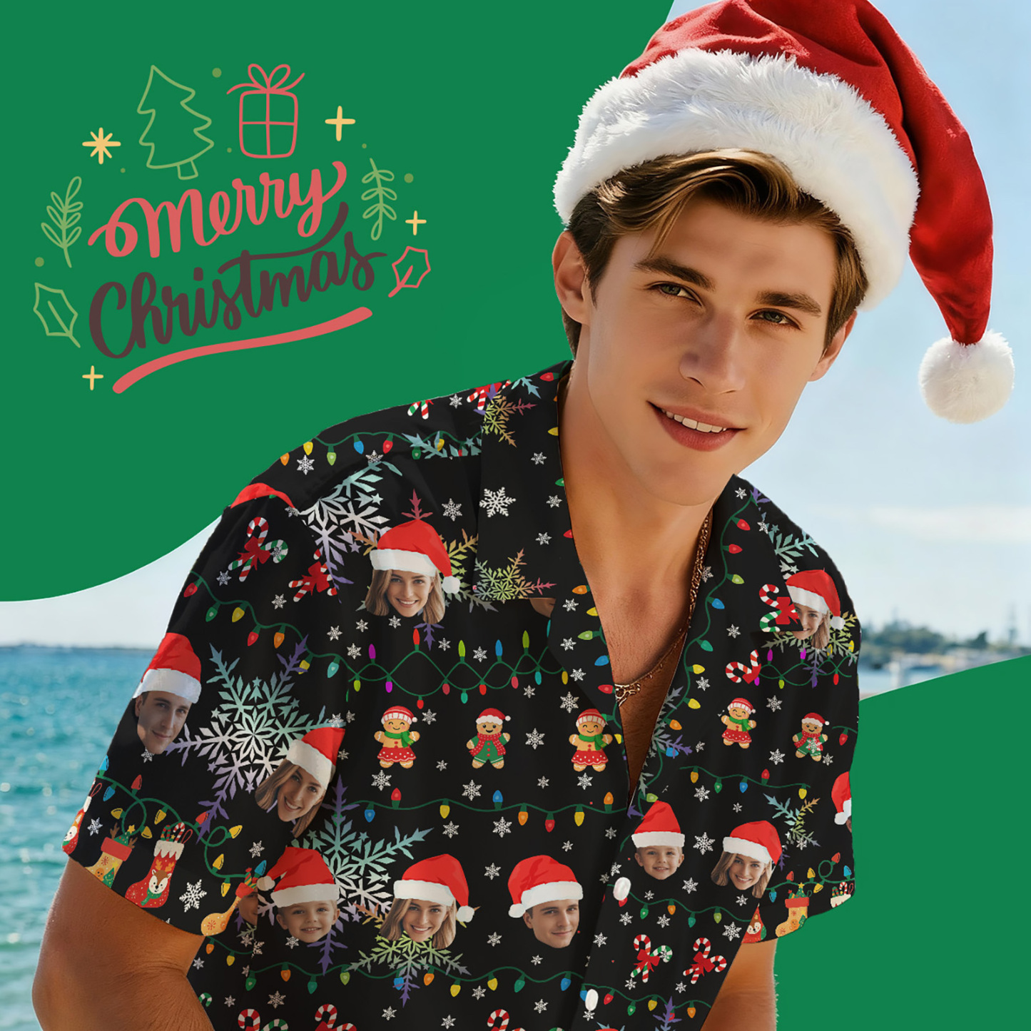 Personalized Face Christmas Shirt Photo Santa Hat Christmas Hawaiian Shirt  Gift for Family Friends Xmas Gift - myfacesockseu
