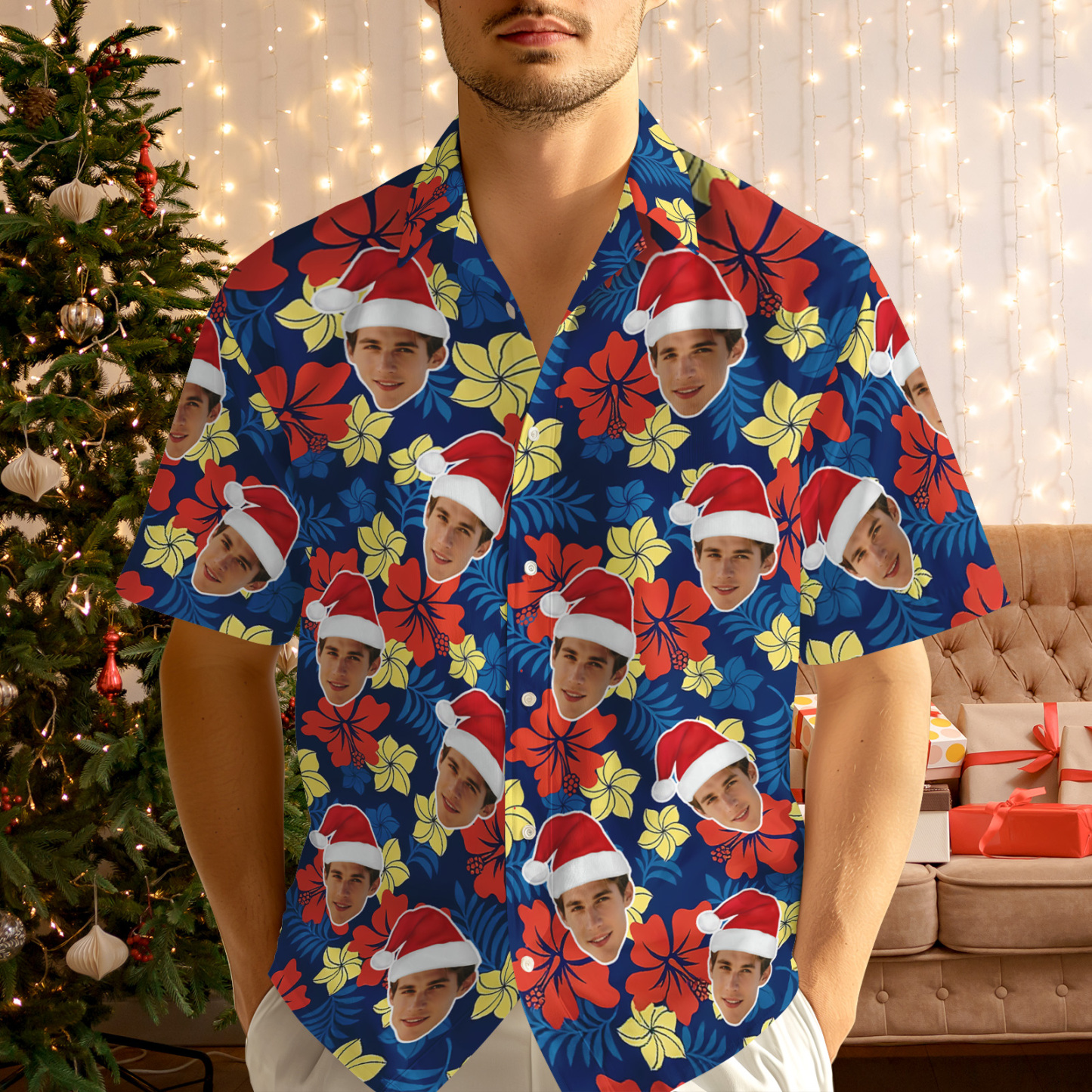 Personalized Face Christmas Shirt Photo Santa Hat Christmas Hawaiian Shirt  Gift for Family Friends Xmas Gift - myfacesockseu