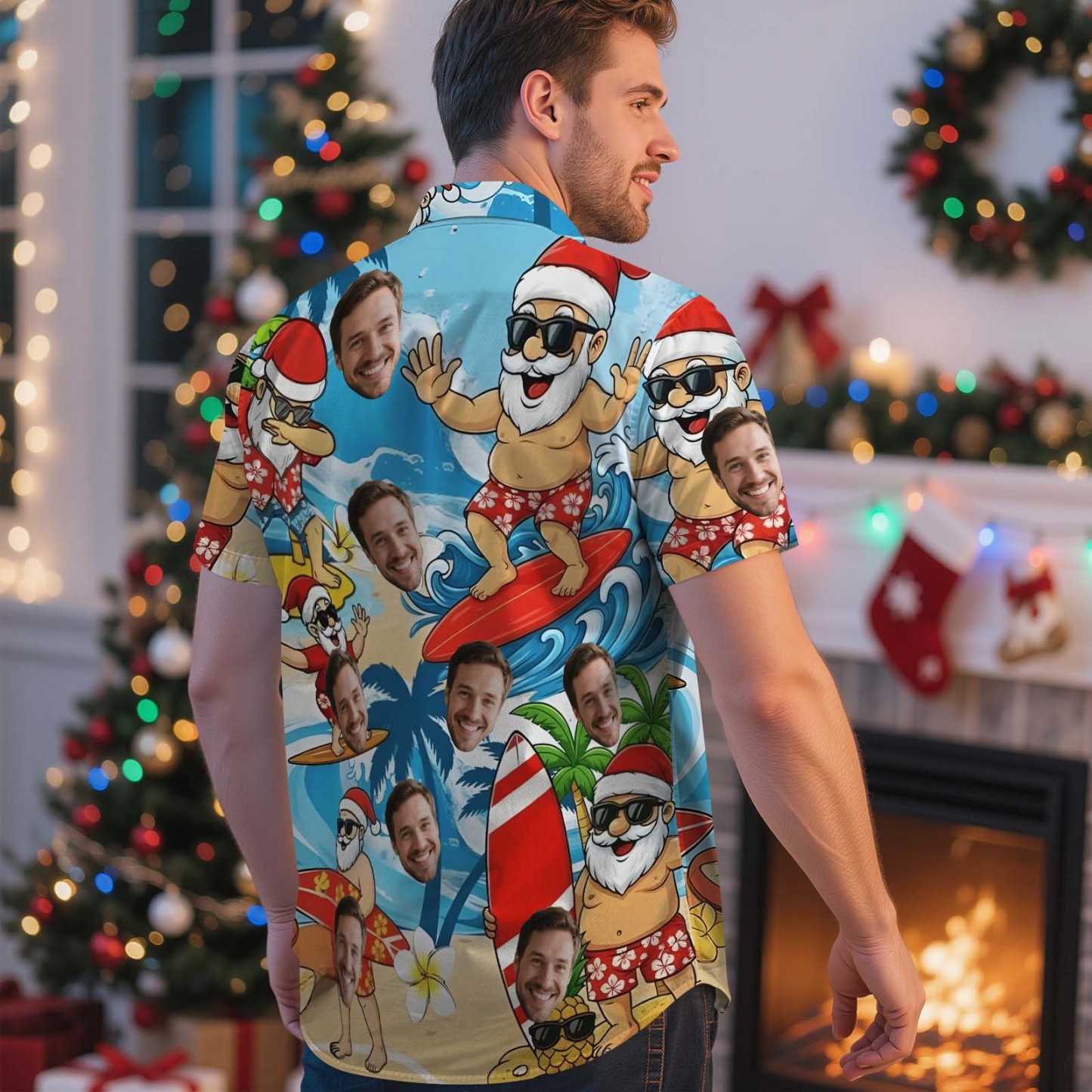 Personalized Face Cool Santa Claus Blue Hawaiian Shirt Custom Men Hawaiian Shirt With Face Photo Hawaiian Shirt Birthday Christmas Gift - myfacesockseu