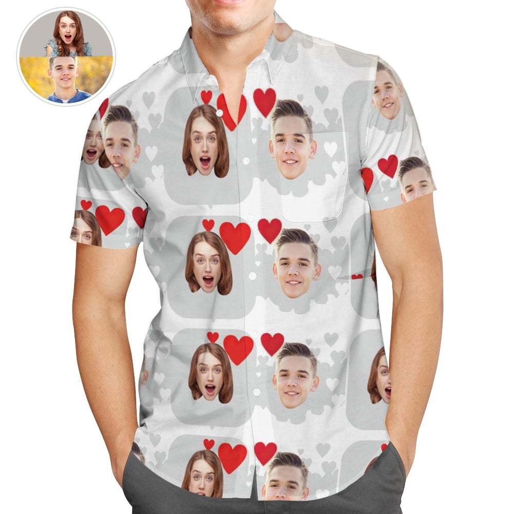 Personalized Photo Hawaiian Shirts with Heart, Casual Button-Down Shirts, Great Valentines Gift - MyFaceSocksEU