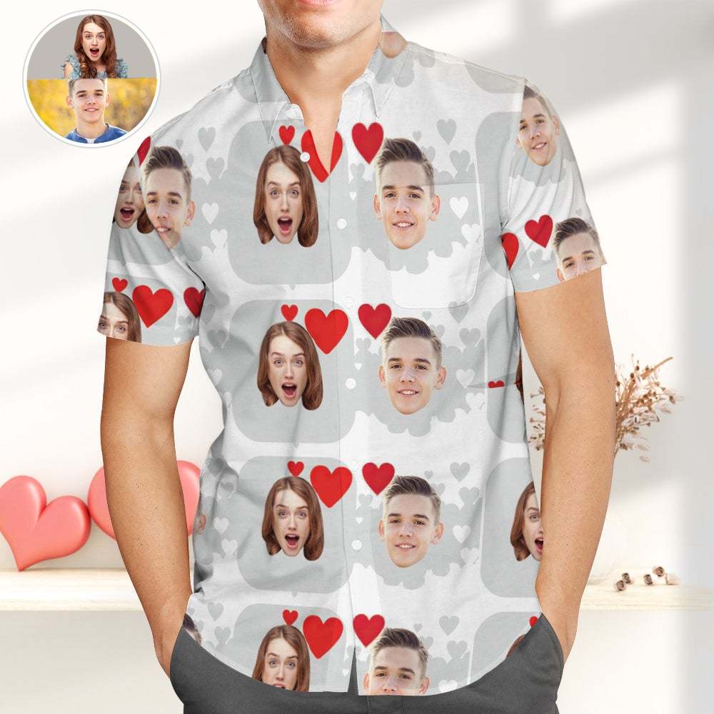 Personalized Photo Hawaiian Shirts with Heart, Casual Button-Down Shirts, Great Valentines Gift - MyFaceSocksEU