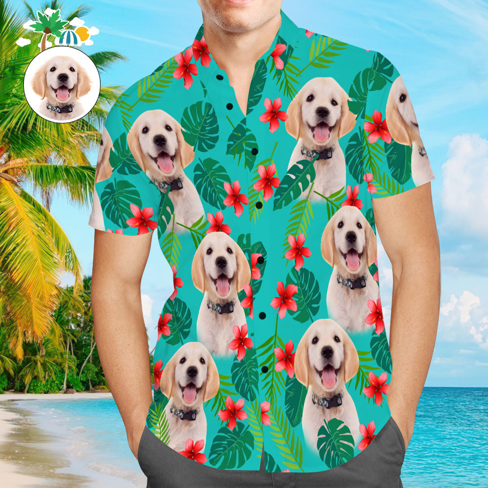 Custom Face Men Hawaiian Shirts Personalized Dog Face on a Hawaiian Shirt for Pet Lover - Green - MyFaceSocksEU