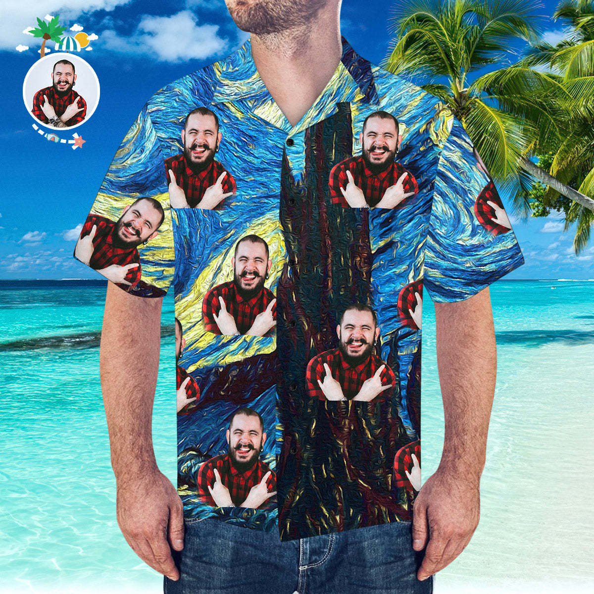 Custom Hawaiian Shirt with Girlfriend Face Starry Night Pattern Shirt - MyFaceSocksEU