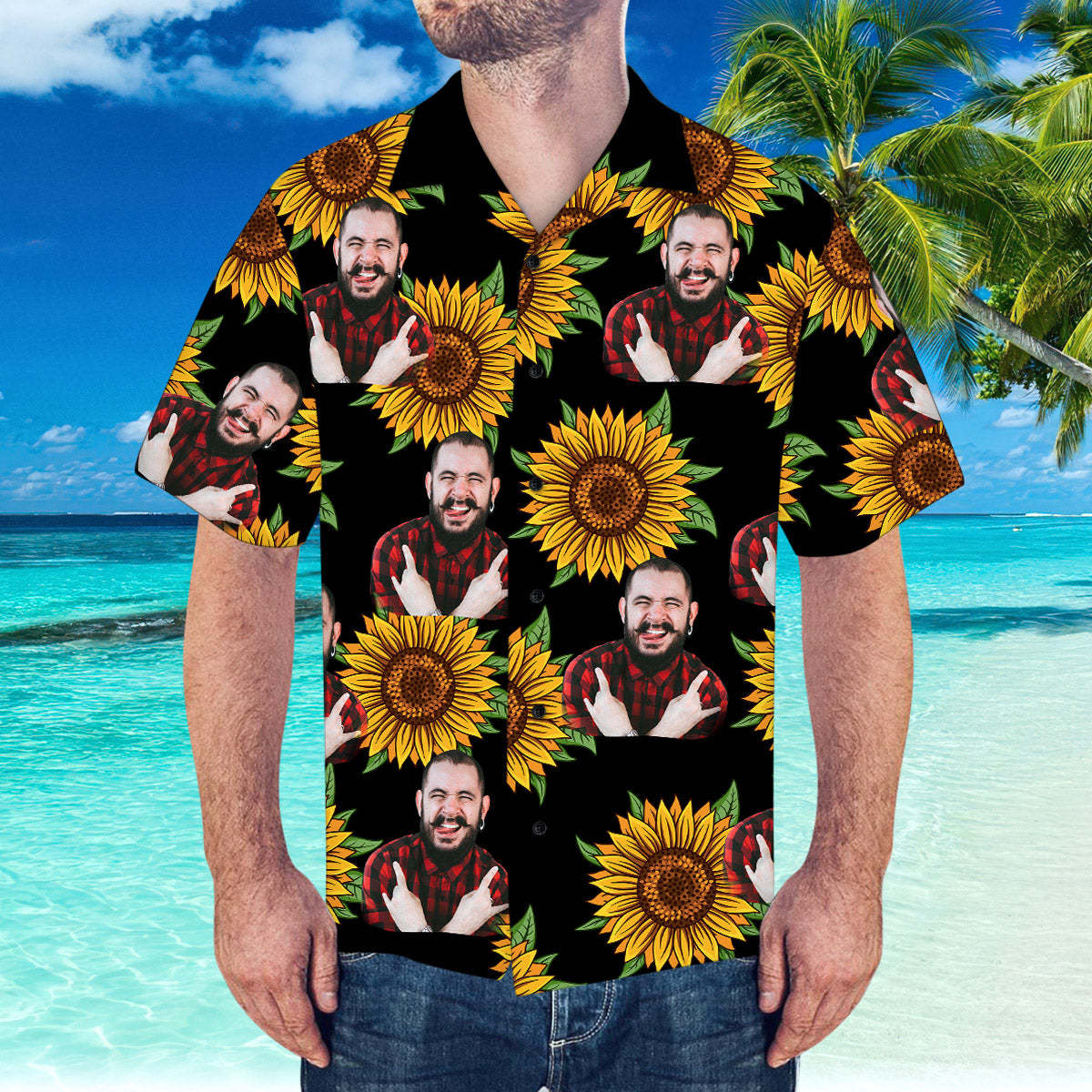 Custom Hawaiian Shirt with Husband Face Sunflower & Leaves Shirt for Beach Party - MyFaceSocksEU