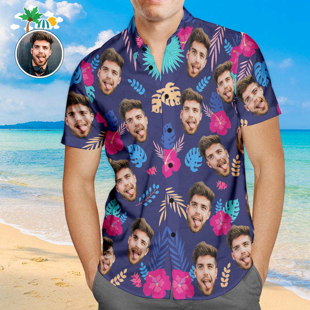 Custom Face Hawaiian Shirt Colorful Leaves Personalized Aloha Beach Shirt For Men - MyFaceSocksEU