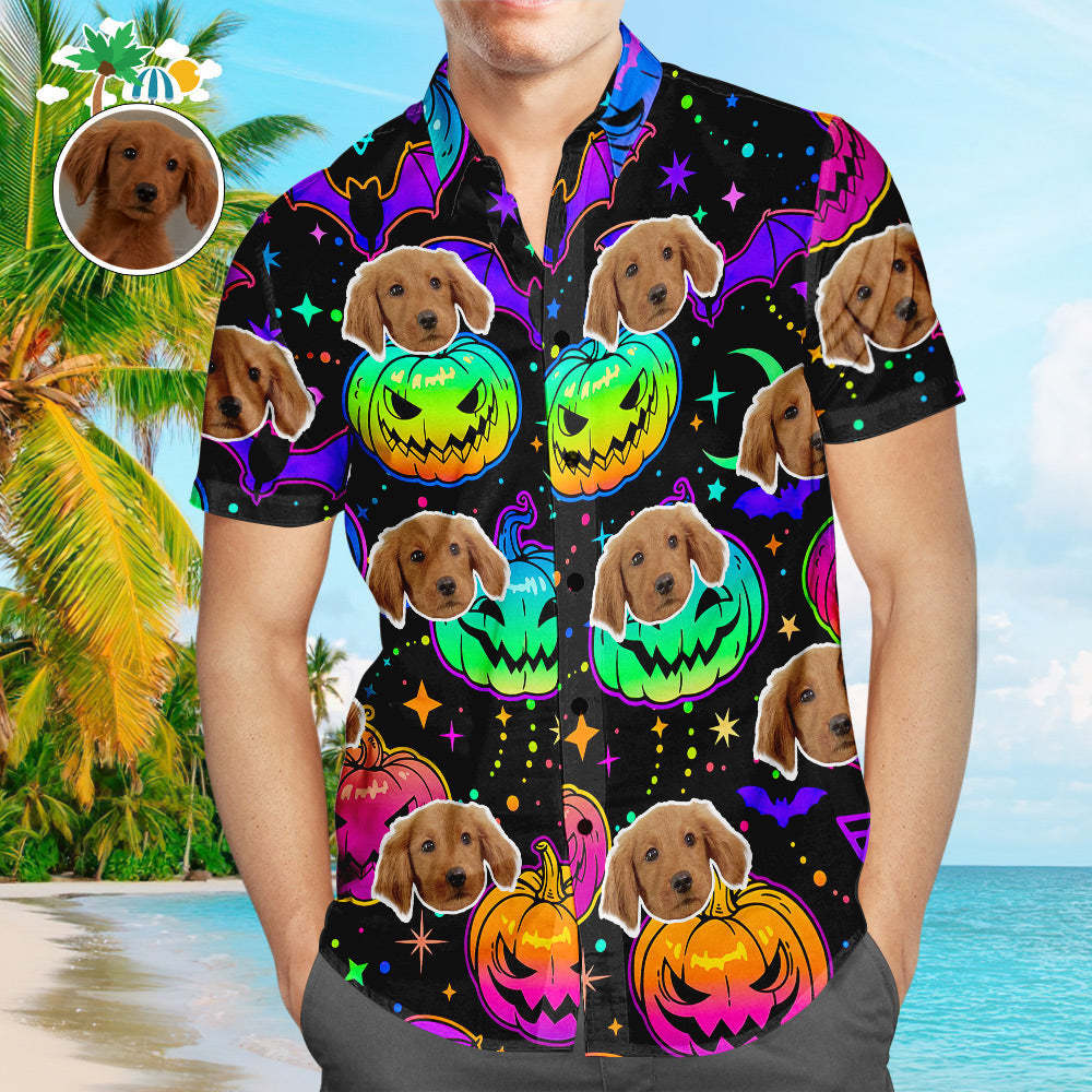 Custom Face Hawaiian Shirt Vintage Halloween Pumpkins Men's Popular All Over Print Bright Multicolored Pumpkins And Bats Hawaiian Beach Shirt Holiday Gift - MyFaceSocksEU