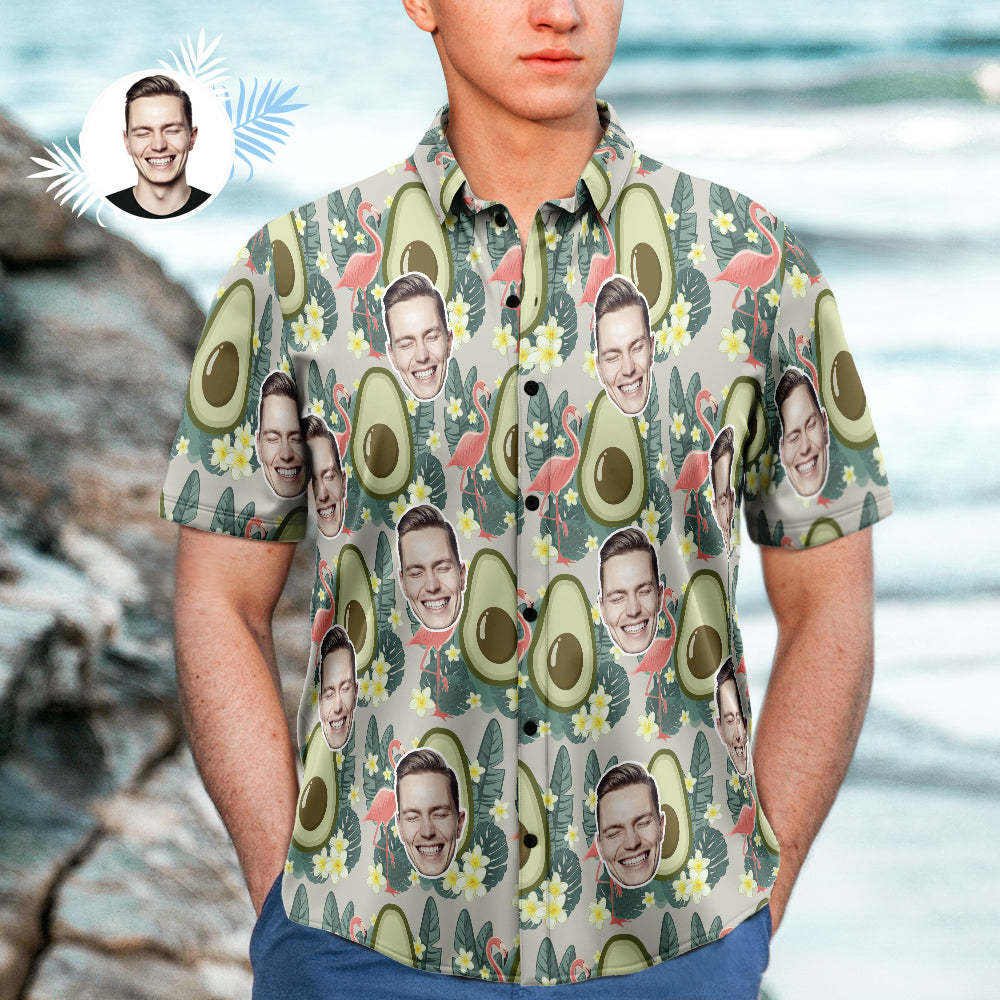Custom Face Hawaiian Shirt Photo Gifts for Men Flamingo Avocado Shirt