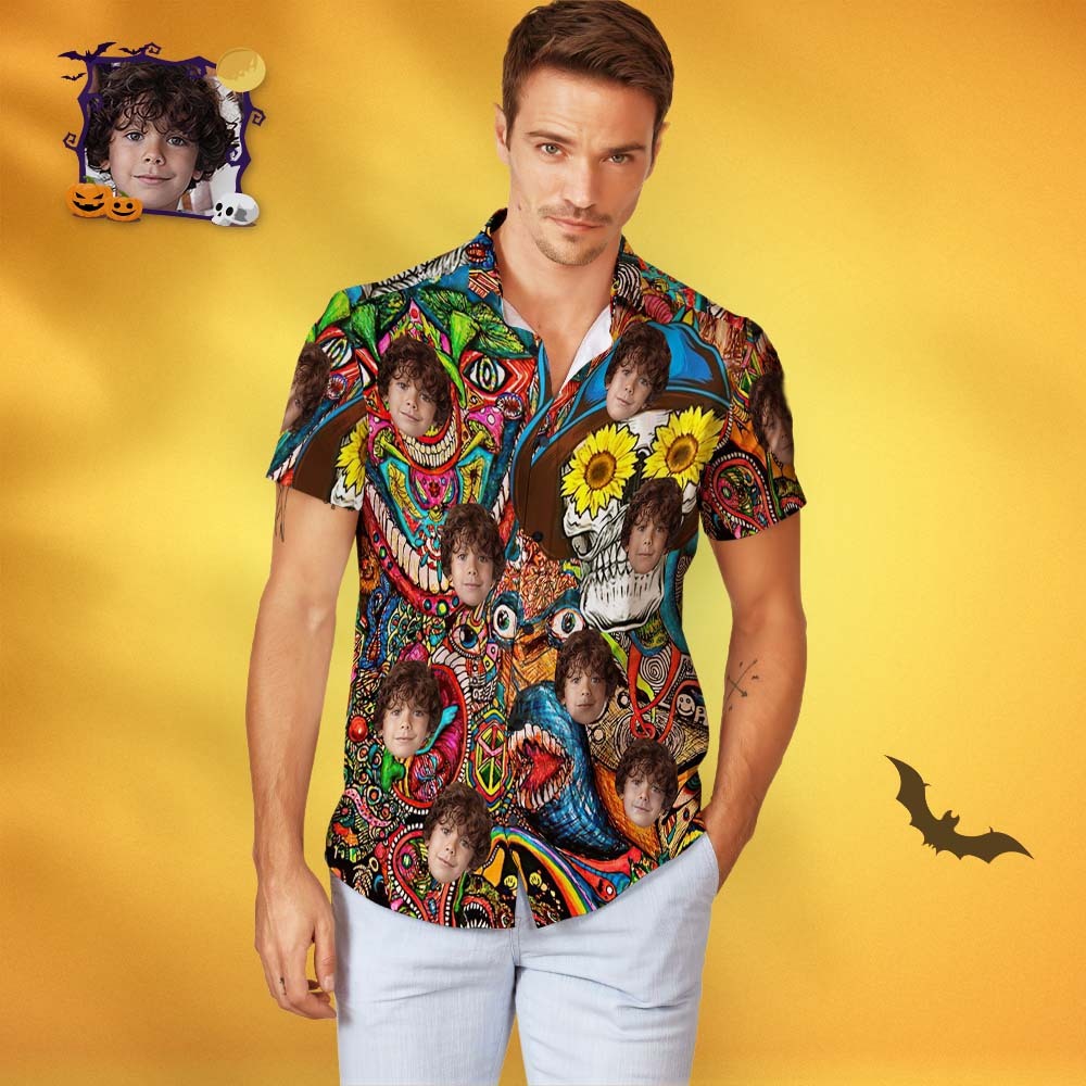 Men's Custom Face Halloween Hawaiian Shirt Skull Flower Print Personalized Hawaiian Shirt - MyFaceSocksEU