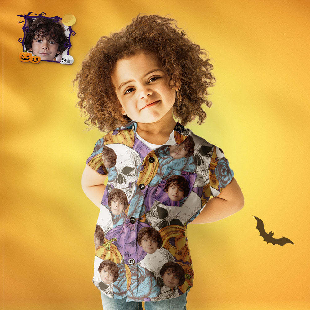Kid's Custom Face Funny Pumpkin & Skull Print Personalized Halloween Hawaiian Shirt - MyFaceSocksEU