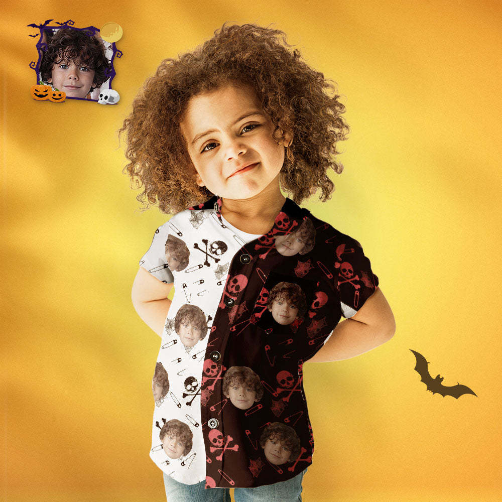 Custom Face Halloween Hawaiian Shirt Kid's Two Tone Skeleton Print Shirt - MyFaceSocksEU