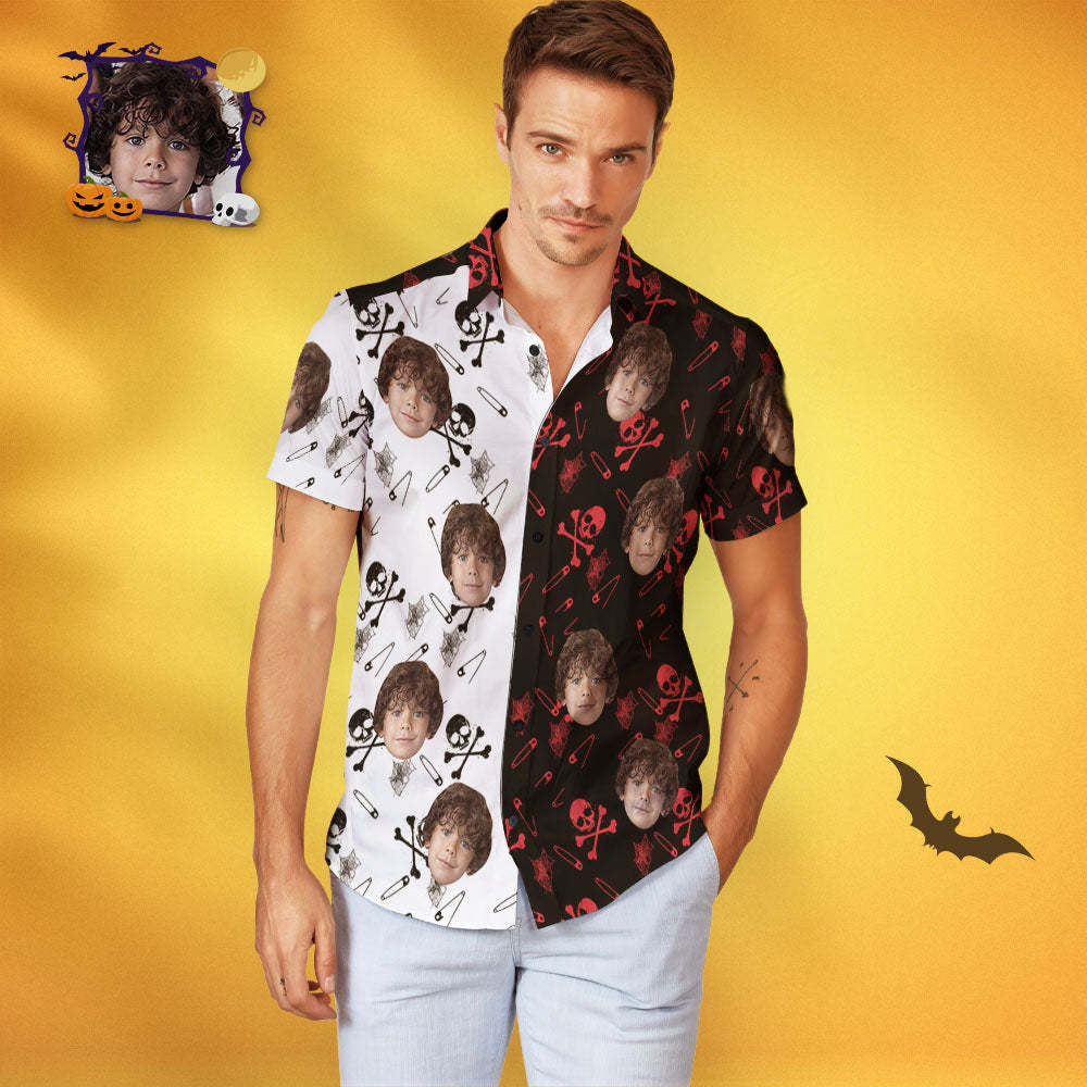 Custom Face Halloween Hawaiian Shirt Men's Two Tone Skeleton Print Shirt - MyFaceSocksEU