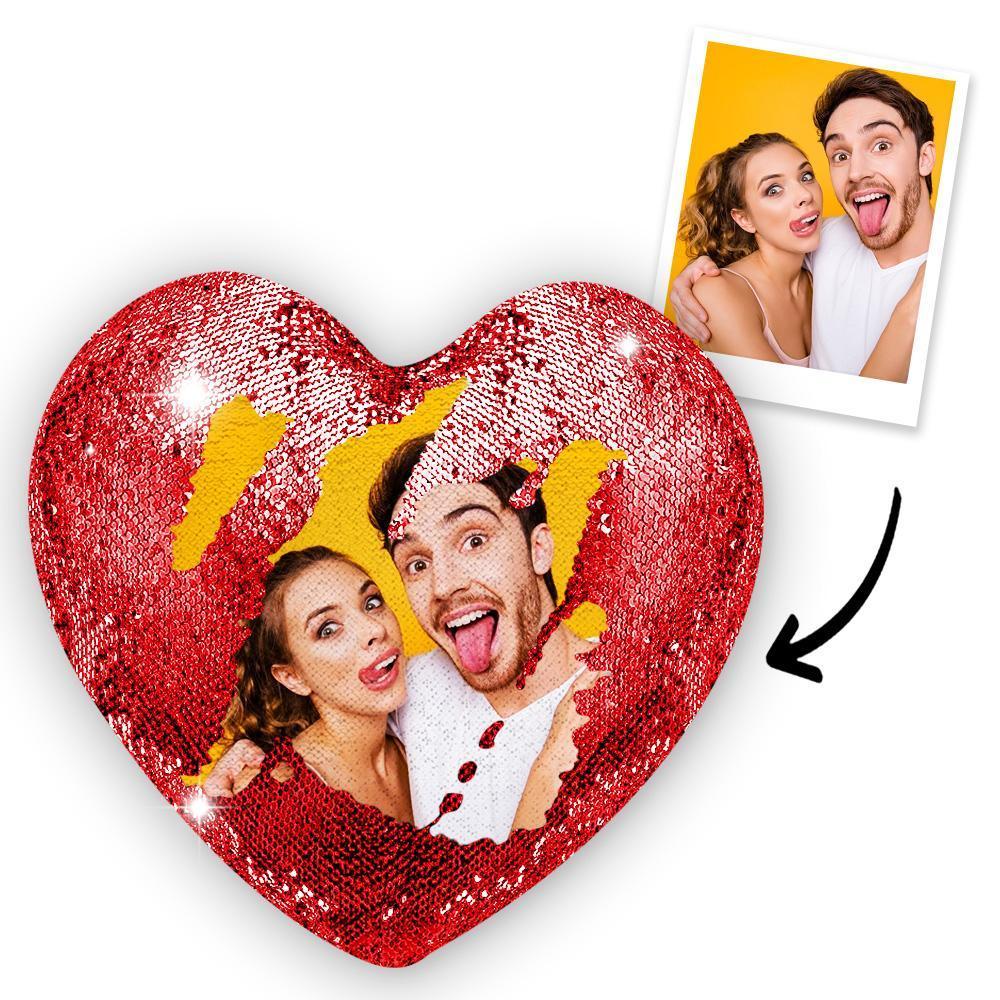 Custom Couple Photo Heart Magic Sequins Pillow Multicolor Sequin Cushion - MyFaceSocksEU