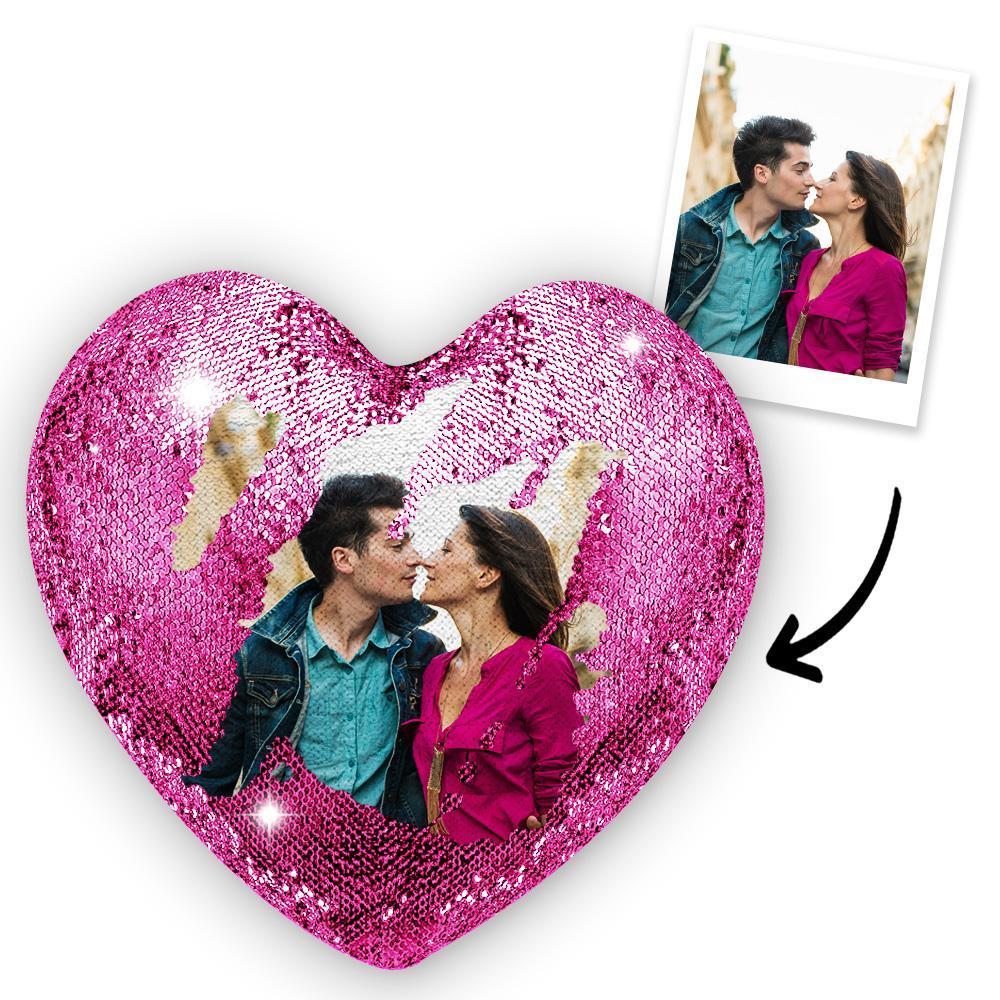 Custom Couple Photo Heart Magic Sequins Pillow Multicolor Sequin Cushion - MyFaceSocksEU