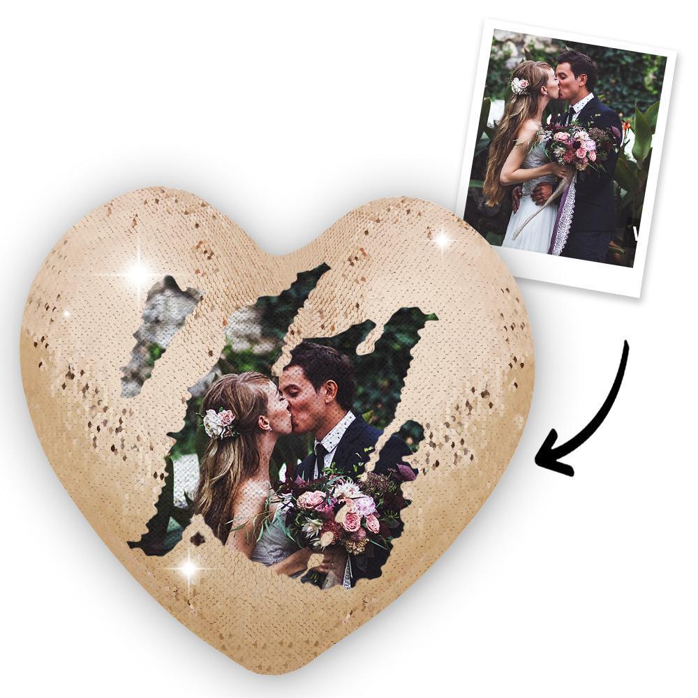 Custom Couple Photo Heart Magic Sequins Pillow Multicolor Sequin Cushion - MyFaceSocksEU