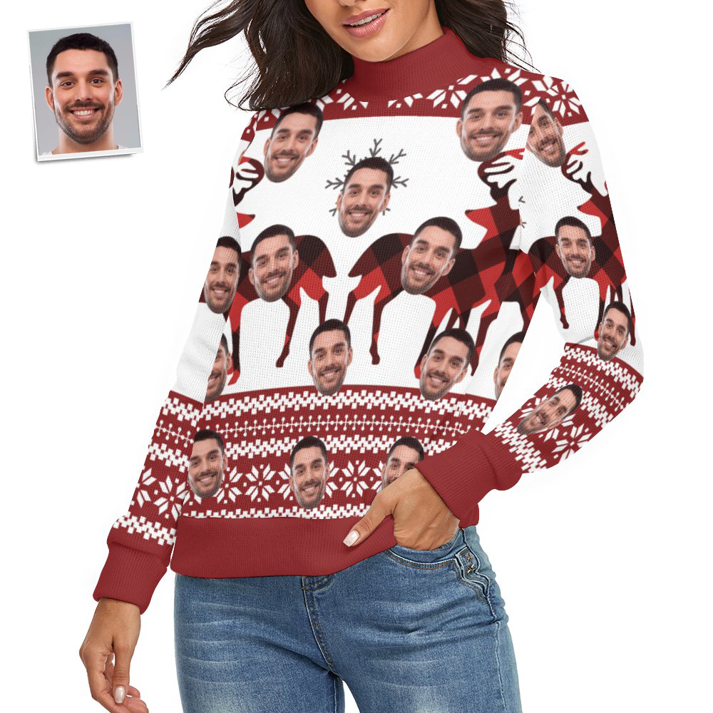 Custom Face Women Christmas Sweater Christmas Elk Spandex Comfortable - MyFaceSocksEU