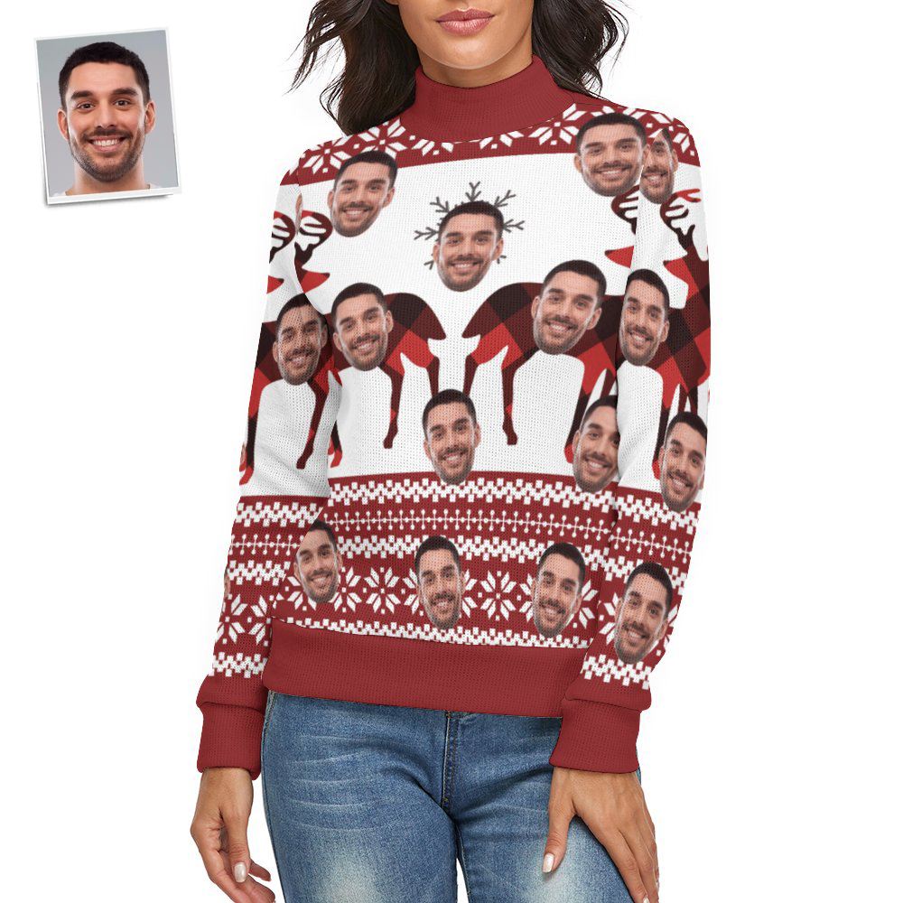 Custom Face Women Christmas Sweater Christmas Elk Spandex Comfortable - MyFaceSocksEU