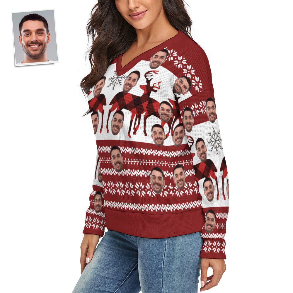 Custom Face Women V-Neck Christmas Sweater Christmas Elk Spandex Comfortable - MyFaceSocksEU