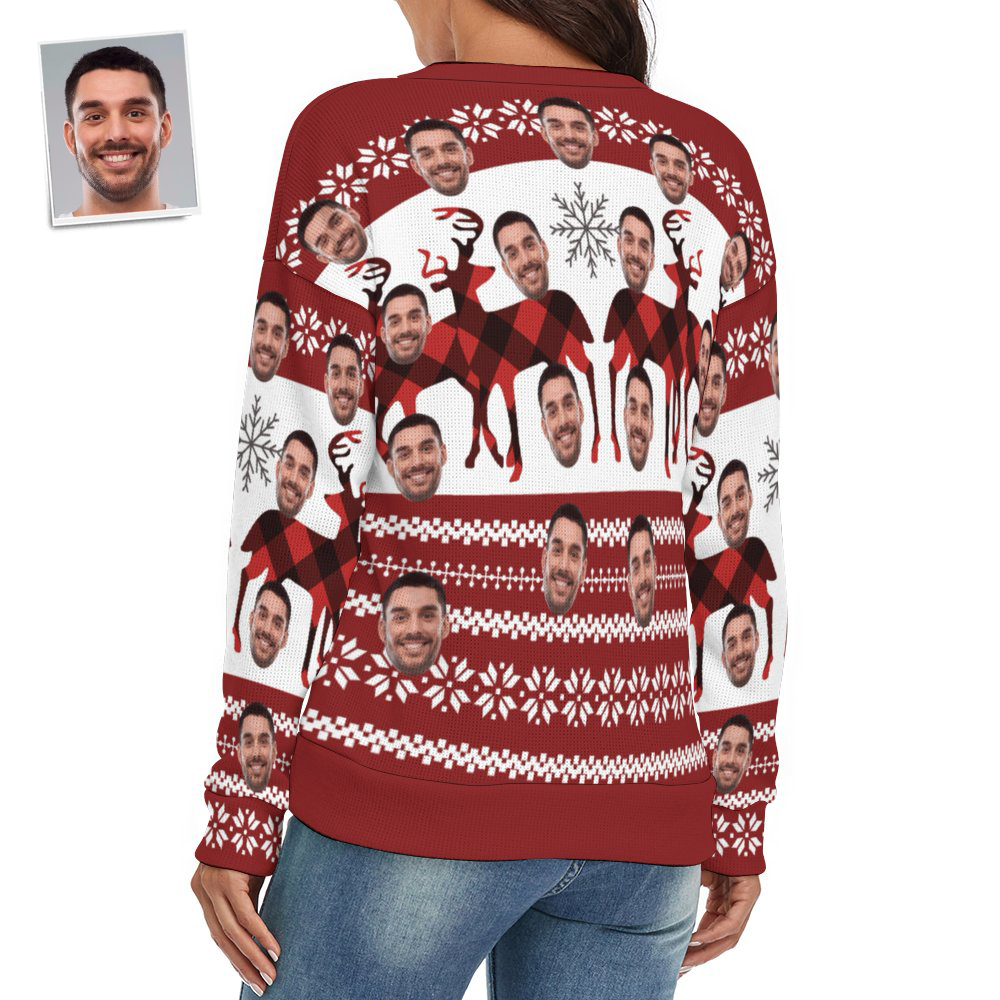 Custom Face Women V-Neck Christmas Sweater Christmas Elk Spandex Comfortable - MyFaceSocksEU