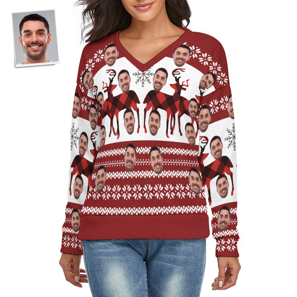 Custom Face Women V-Neck Christmas Sweater Christmas Elk Spandex Comfortable - MyFaceSocksEU